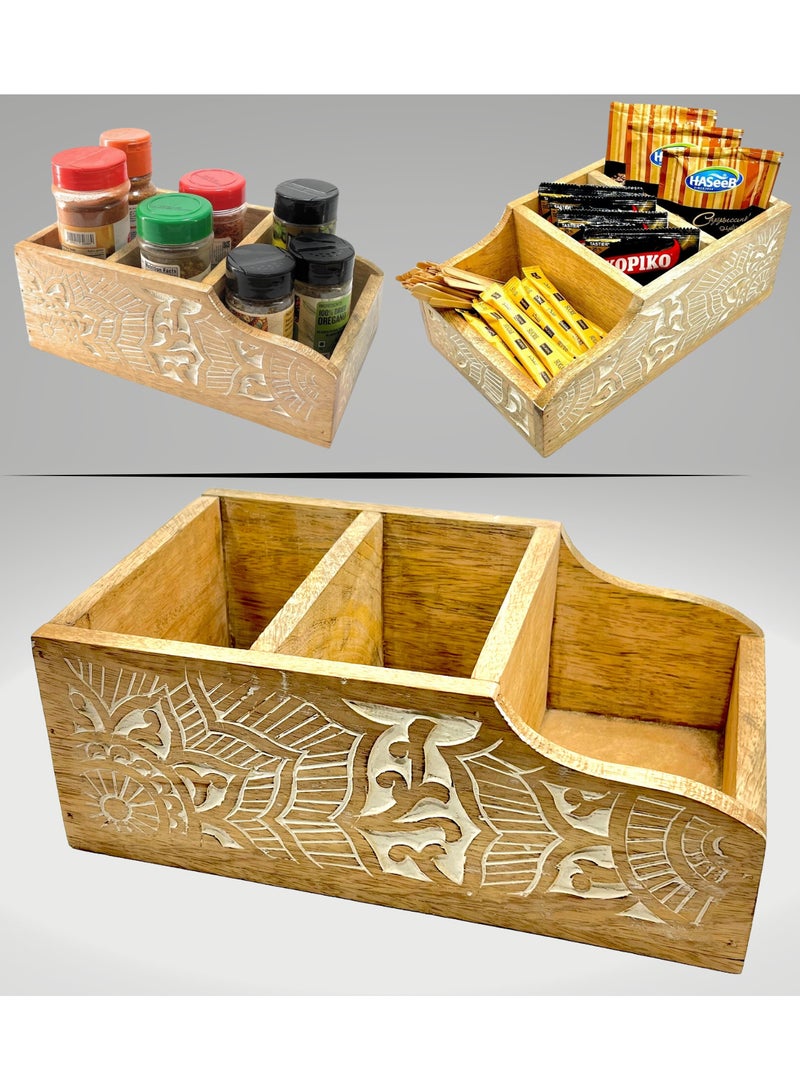 Souq DESIGNS منظم محطة القهوة من سوق ديزاينز، منظم بار القهوة الخشبي لطاولة المطبخ، منظم أكياس الشاي، منظم أدوات المائدة، صندوق تخزين، صينية خشبية، منظم العطور، حاوية 3 أقسام  - Image 1