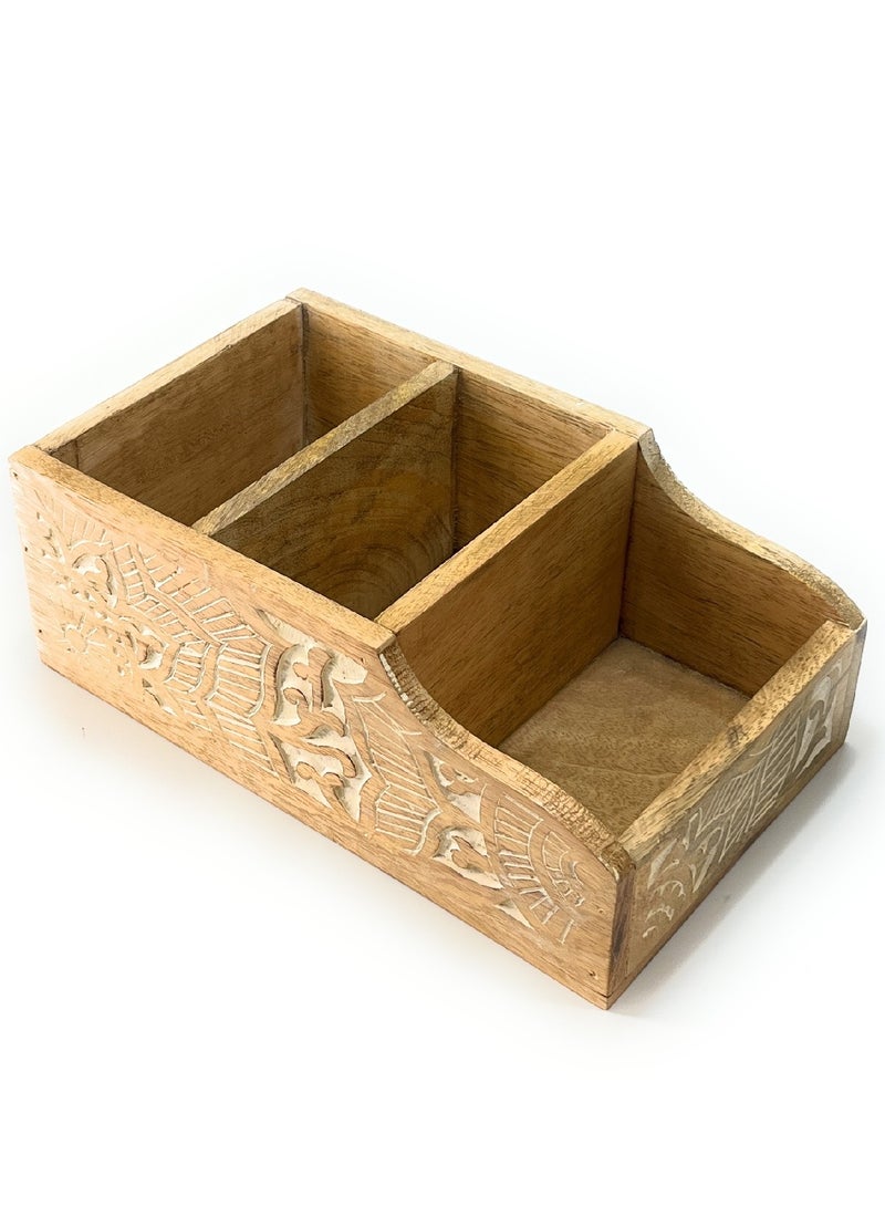Souq DESIGNS منظم محطة القهوة من سوق ديزاينز، منظم بار القهوة الخشبي لطاولة المطبخ، منظم أكياس الشاي، منظم أدوات المائدة، صندوق تخزين، صينية خشبية، منظم العطور، حاوية 3 أقسام  - Image 3