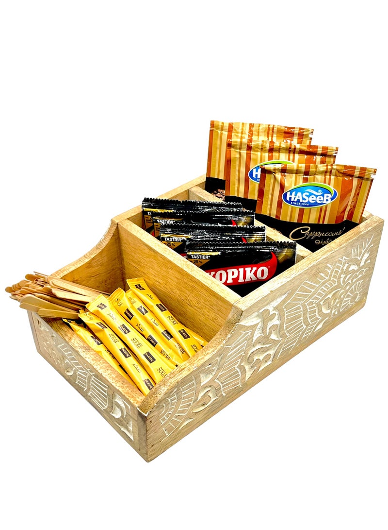 Souq DESIGNS منظم محطة القهوة من سوق ديزاينز، منظم بار القهوة الخشبي لطاولة المطبخ، منظم أكياس الشاي، منظم أدوات المائدة، صندوق تخزين، صينية خشبية، منظم العطور، حاوية 3 أقسام  - Image 2