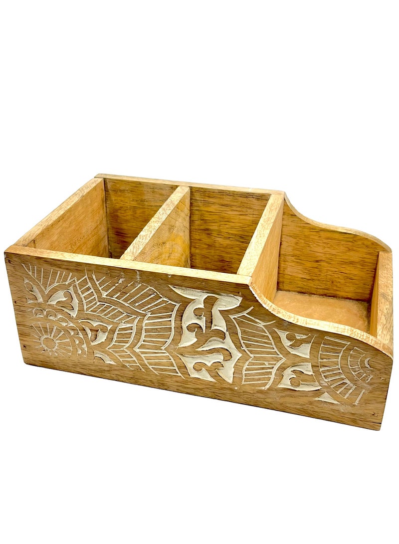 Souq DESIGNS منظم محطة القهوة من سوق ديزاينز، منظم بار القهوة الخشبي لطاولة المطبخ، منظم أكياس الشاي، منظم أدوات المائدة، صندوق تخزين، صينية خشبية، منظم العطور، حاوية 3 أقسام  - Image 4