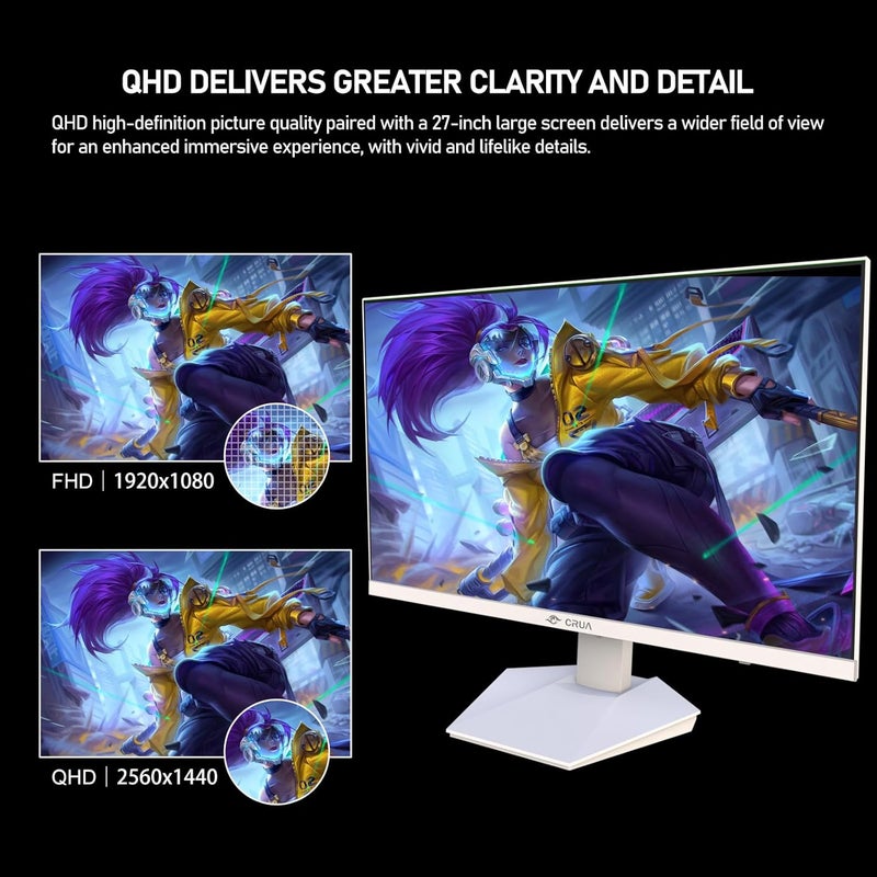 CRUA 27" inch 2K 240Hz Gaming Monitor IPS QHD(2560x1440) Display Screen Fast 1ms(GTG) 120% sRGB Built-in Speakers RGB Backlight Suitable for Esports Gamers, Office & Business Use White - Image 2