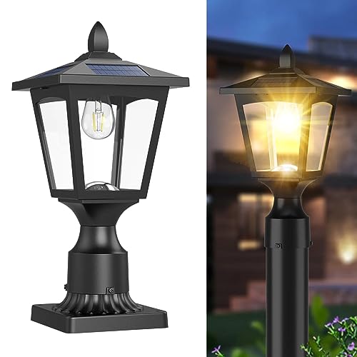 Greluna Solar Post Lights, 3000K Dusk to Dawn Solar Lamp Post Light with Pier Mount Base, Solar Post Lights Outdoor Waterproof for Garden Yard Landscape Pole Pillar, Outside Decorative Lamp(Warm White) - Image 1