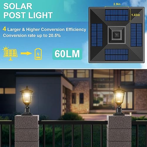 Greluna Solar Post Lights, 3000K Dusk to Dawn Solar Lamp Post Light with Pier Mount Base, Solar Post Lights Outdoor Waterproof for Garden Yard Landscape Pole Pillar, Outside Decorative Lamp(Warm White) - Image 2