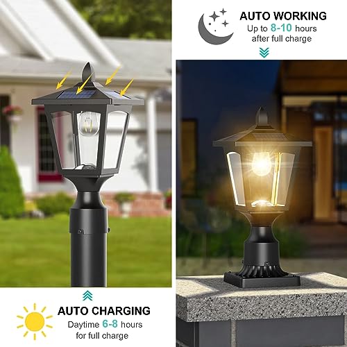 Greluna Solar Post Lights, 3000K Dusk to Dawn Solar Lamp Post Light with Pier Mount Base, Solar Post Lights Outdoor Waterproof for Garden Yard Landscape Pole Pillar, Outside Decorative Lamp(Warm White) - Image 3