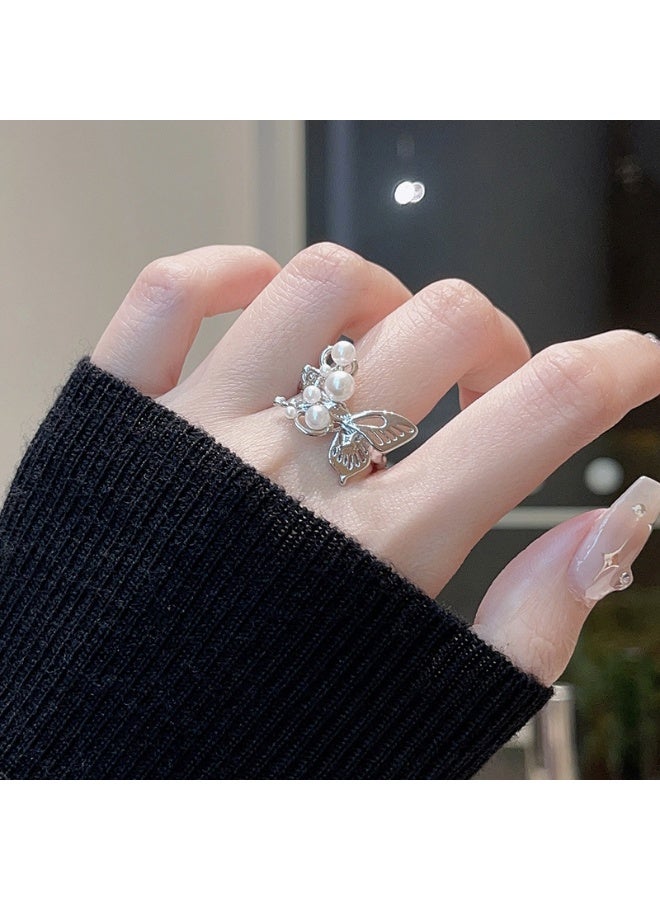 Ring 3D Celestial Pearl Butterfly Ring - Women's Minimalist French-Inspired Adjustable Index Finger Ring with Unique Design - Image 2