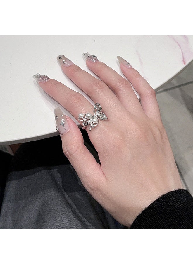 Ring 3D Celestial Pearl Butterfly Ring - Women's Minimalist French-Inspired Adjustable Index Finger Ring with Unique Design - Image 3