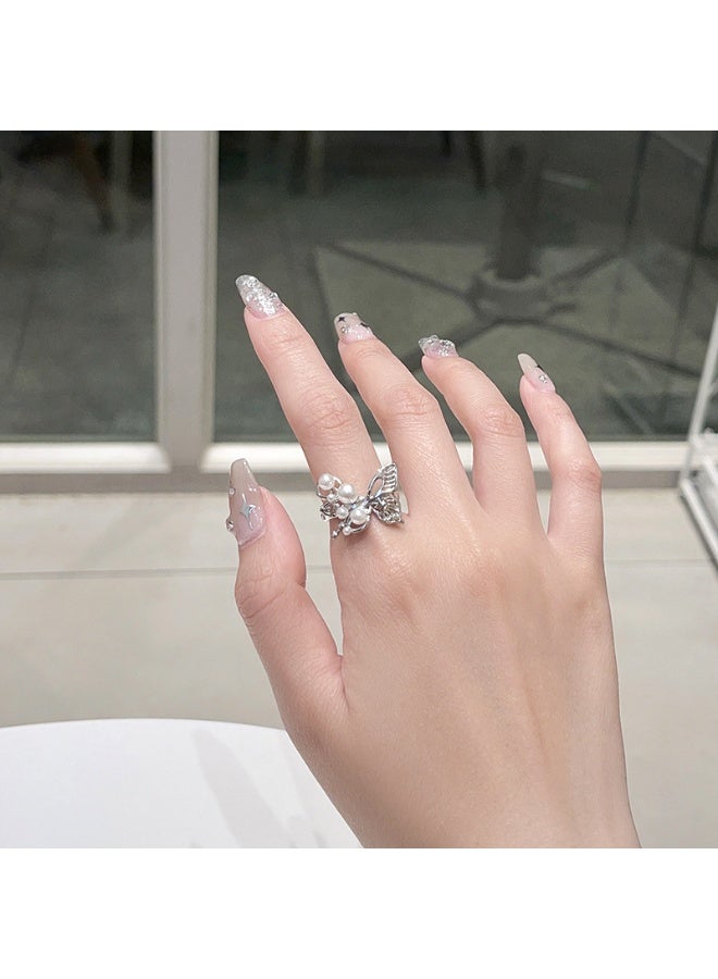 Ring 3D Celestial Pearl Butterfly Ring - Women's Minimalist French-Inspired Adjustable Index Finger Ring with Unique Design - Image 5
