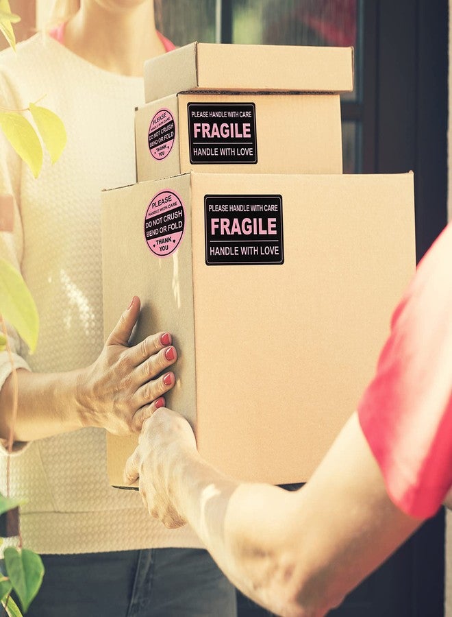Idealmuzik 300 PCS Fragile Stickers(Rectangular,3x2),with 300 PCS Do Not Crush Bend or Fold Labels Stickers(Round,2"),Adhesive Warning Labels for Shipping Cartons Envelops Mailing(Black Pink) - Image 4