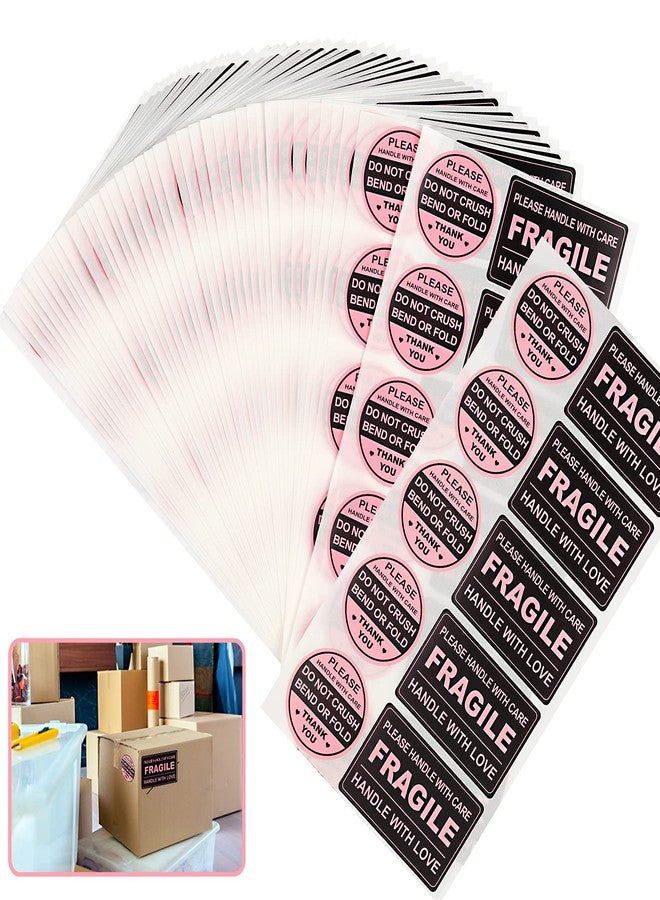 Idealmuzik 300 PCS Fragile Stickers(Rectangular,3x2),with 300 PCS Do Not Crush Bend or Fold Labels Stickers(Round,2"),Adhesive Warning Labels for Shipping Cartons Envelops Mailing(Black Pink) - Image 1