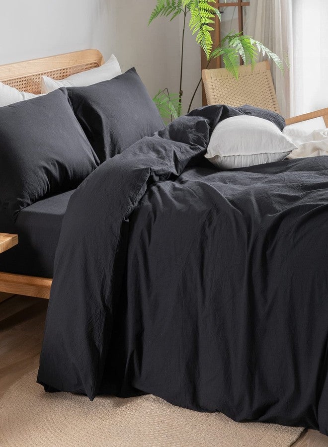 BESTOUCH Duvet Cover Set 100% Washed Cotton Linen Feel Super Soft Comfortable Chic Lightweight 3 PCs Home Bedding Set Solid Deep Black King - Image 2
