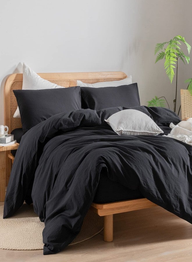 BESTOUCH Duvet Cover Set 100% Washed Cotton Linen Feel Super Soft Comfortable Chic Lightweight 3 PCs Home Bedding Set Solid Deep Black King - Image 4