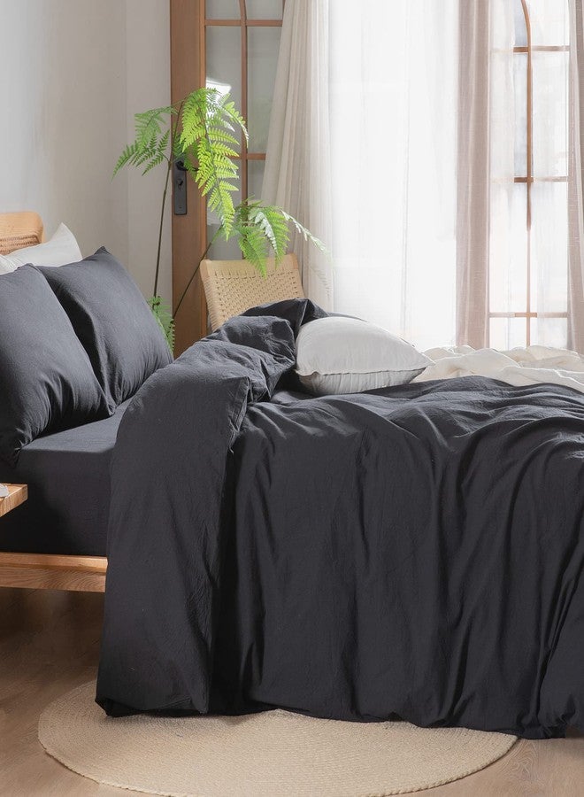 BESTOUCH Duvet Cover Set 100% Washed Cotton Linen Feel Super Soft Comfortable Chic Lightweight 3 PCs Home Bedding Set Solid Deep Black King - Image 3