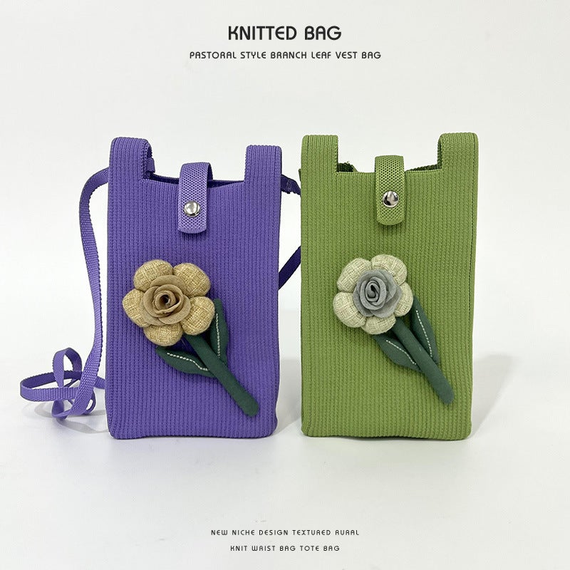 New Knitted Flower Mini Mobile Phone Bag Women'S Cute Korean-Style All-Match Student Change Handbag Crossbody Small Bag - Image 4