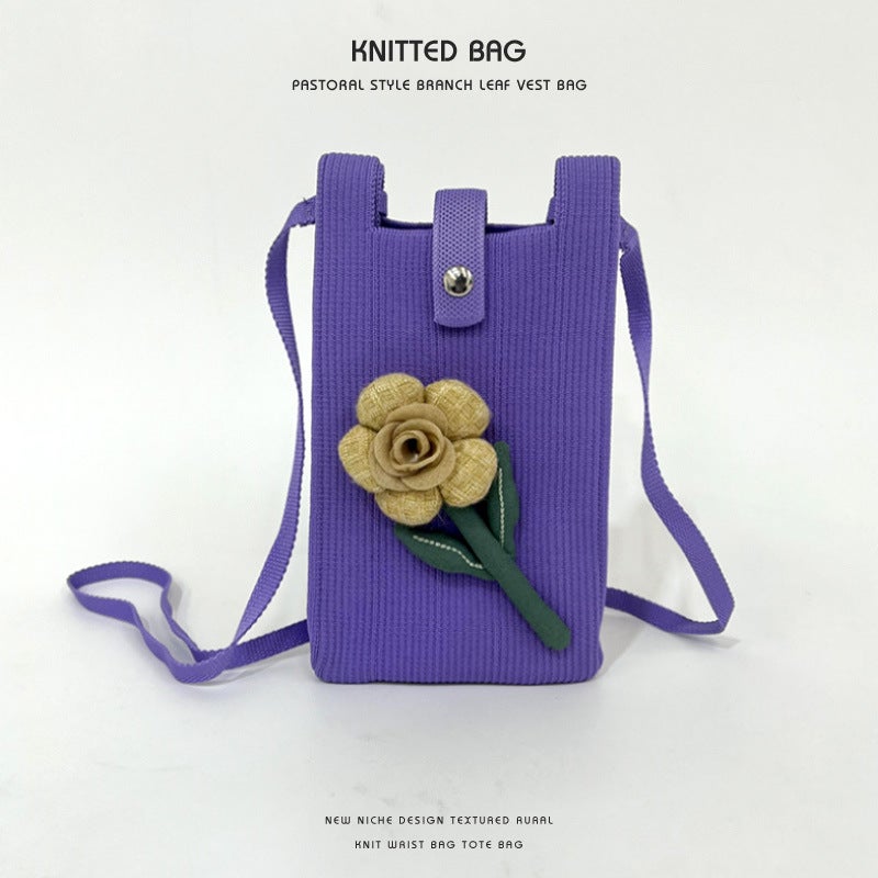 New Knitted Flower Mini Mobile Phone Bag Women'S Cute Korean-Style All-Match Student Change Handbag Crossbody Small Bag - Image 1