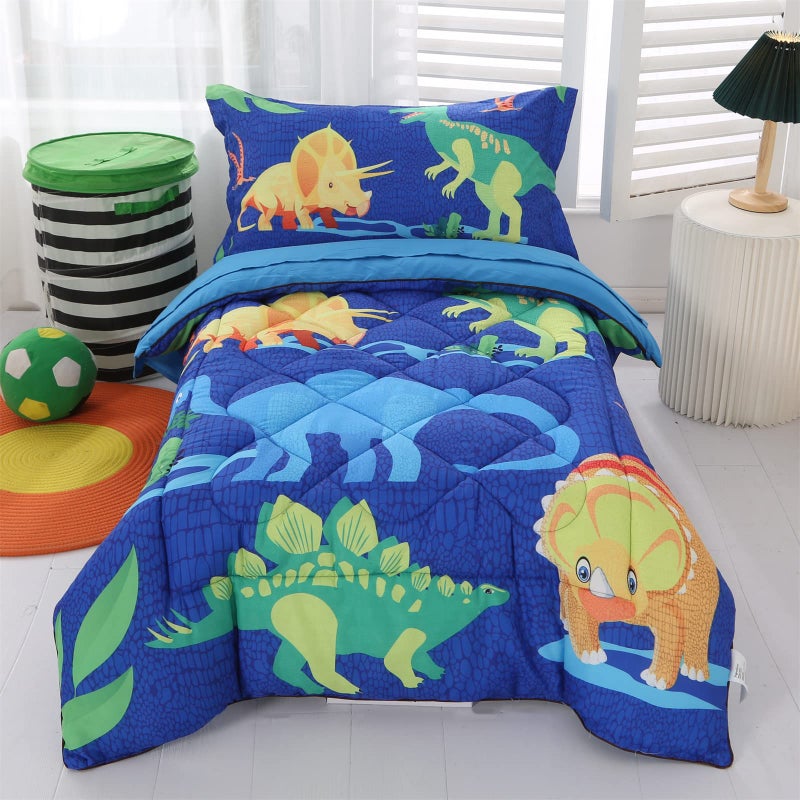 Wowelife Wowelife Dinosaur Toddler Bedding Set for Boys 4 Piece Toddler Bed Sets Blue Kids Toddler Comforter Set Breathable Soft with Comforter Flat Sheet Fitted Sheet and Pillowcase Blue