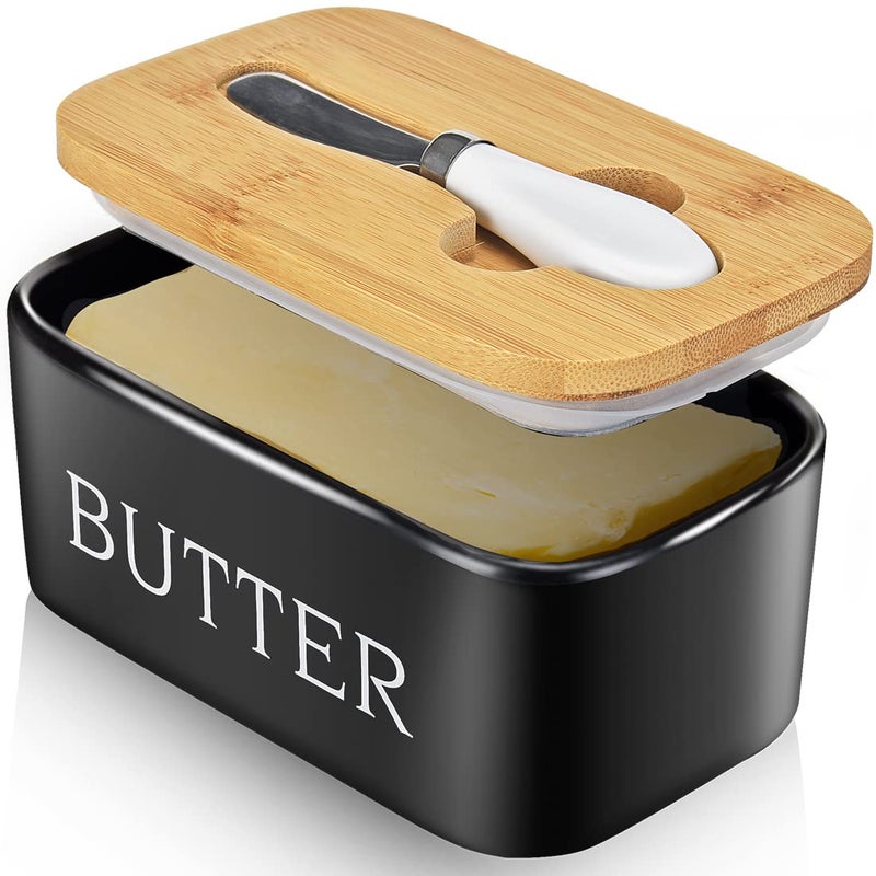 Butter Dish with Lid Large Butter Dish for Countertop Ceramic Butter Keeper Container with Knife and HighQuality Silicone Sealing Butter Box for Home Decor Good Kitchen Gift Black