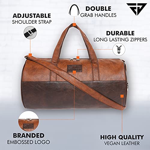 Fur Jaden Tan Leatherette Gym Bag for Men Women Boys Girls Travel Duffle Weekender Bag 23L - Image 3
