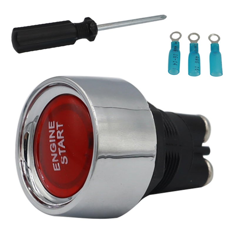 12v/24v LED Engine Start Button Ignition Switch with Auto Reset and Wiring Heat Shrink Tubes, Push to Start Switch for Cars and Trucks - Image 1