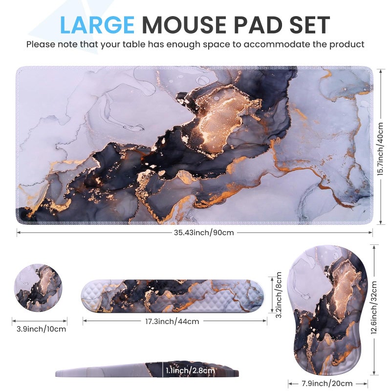 Anyshock Desk Pad Mat, Large Mouse Pad with Wrist Rest, Ergonomic Keyboard Wrist Support, XXL Carpal Tunnel Mousepad Set with Coaster, Computer Keyboard Matt for Laptop Desktop, White Gray Marble - Image 2