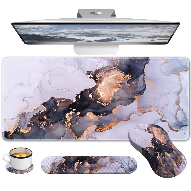 Anyshock Desk Pad Mat, Large Mouse Pad with Wrist Rest, Ergonomic Keyboard Wrist Support, XXL Carpal Tunnel Mousepad Set with Coaster, Computer Keyboard Matt for Laptop Desktop, White Gray Marble - Image 1