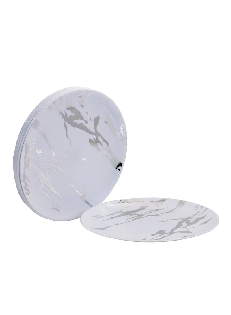 صني اختيارك المشرق أطباق بلاستيكية قابلة للتخلص بتصميم رخامي فاخر ومميز، مجموعة حفلات فاخرة، 10 قطع (أبيض مع فضي) - Image 1