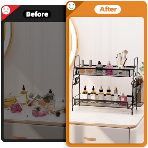 VITVITI 2-Tier Bathroom Organizer Countertop, Metal Wire Mesh Bathroom Counter Organizer Storage with Basket Hooks, Vanity Tray Shelf, Kitchen Spice Rack, Black - Image 4