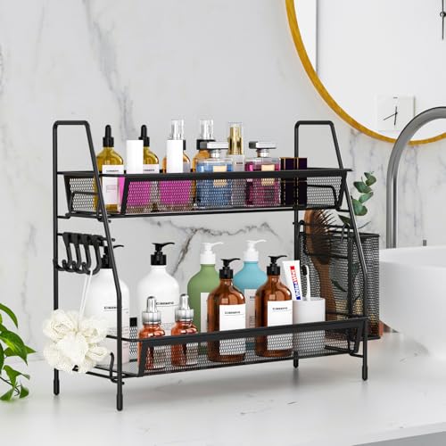 VITVITI 2-Tier Bathroom Organizer Countertop, Metal Wire Mesh Bathroom Counter Organizer Storage with Basket Hooks, Vanity Tray Shelf, Kitchen Spice Rack, Black - Image 3