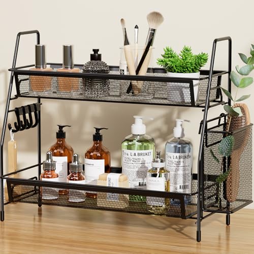 VITVITI 2-Tier Bathroom Organizer Countertop, Metal Wire Mesh Bathroom Counter Organizer Storage with Basket Hooks, Vanity Tray Shelf, Kitchen Spice Rack, Black - Image 1