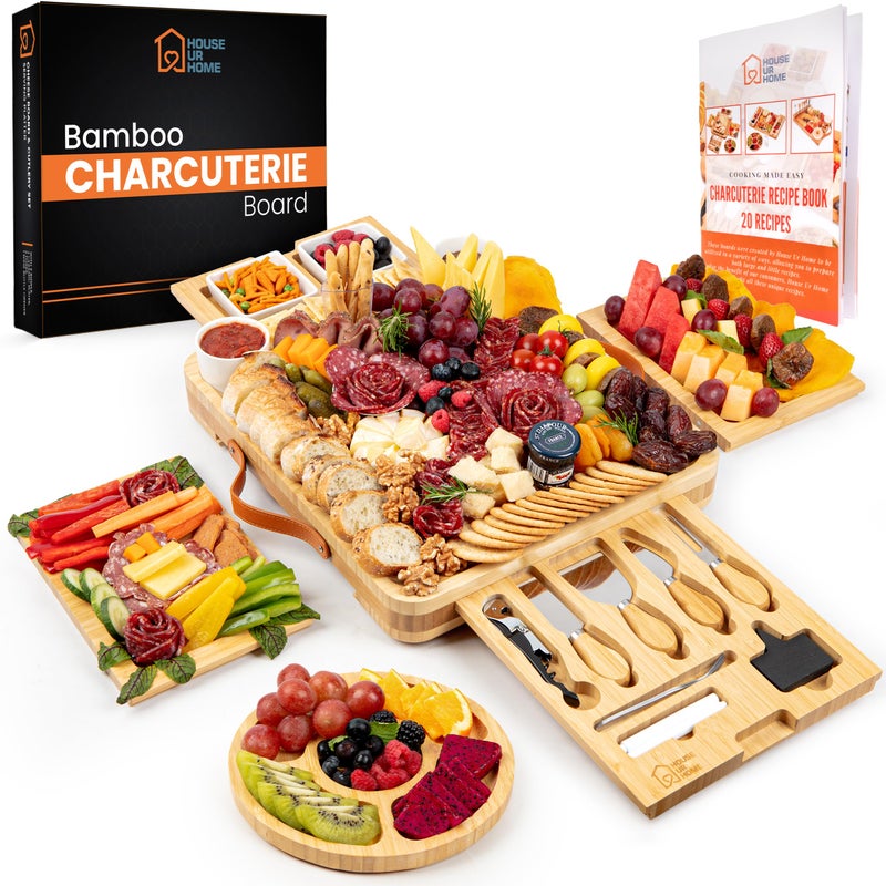 House Ur Home Large Bamboo Charcuterie Boards Gift Set with 4 Hidden Drawers Cheese Knives Ceramic Bowls  Plates Recipe Book Perfect House Warming Gifts New Home 