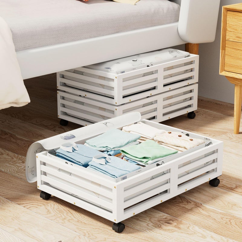 WISUCART Bamboo Under Bed Storage Containers- Underbed Organizer with Wheels with Large Capacity Dust Bag,Sturdy Wood Rolling Under Bed Shoe Storage Organizer 2 Packs (White, 2 Packs (23.62"Ã—16.54")) - Image 1