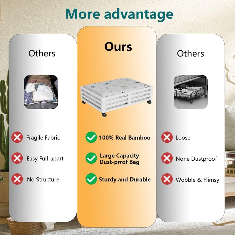 WISUCART Bamboo Under Bed Storage Containers- Underbed Organizer with Wheels with Large Capacity Dust Bag,Sturdy Wood Rolling Under Bed Shoe Storage Organizer 2 Packs (White, 2 Packs (23.62"Ã—16.54")) - Image 4