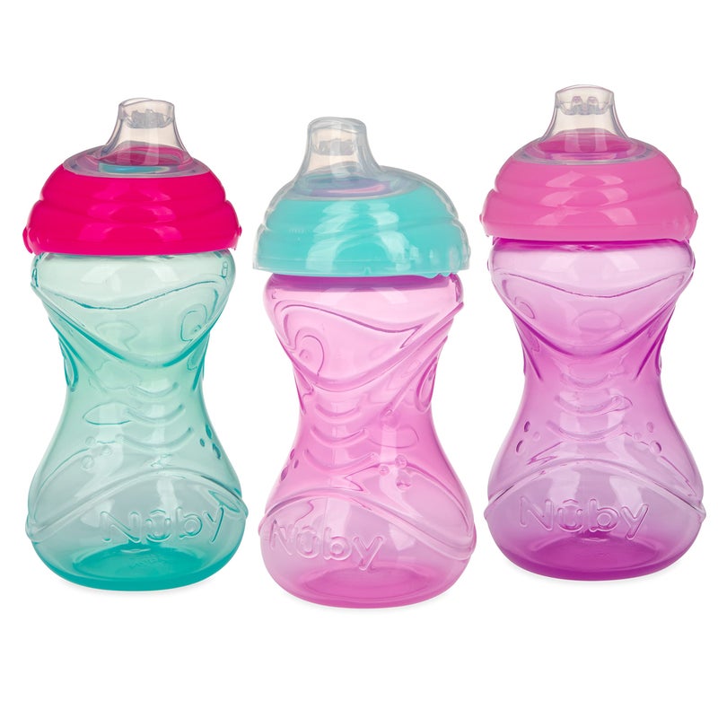 Nuby Clik-It Soft Spout No-Spill Easy Grip Sippy Cup for Girls - (3-Pack) 10 Oz - 6+ Months - Image 1