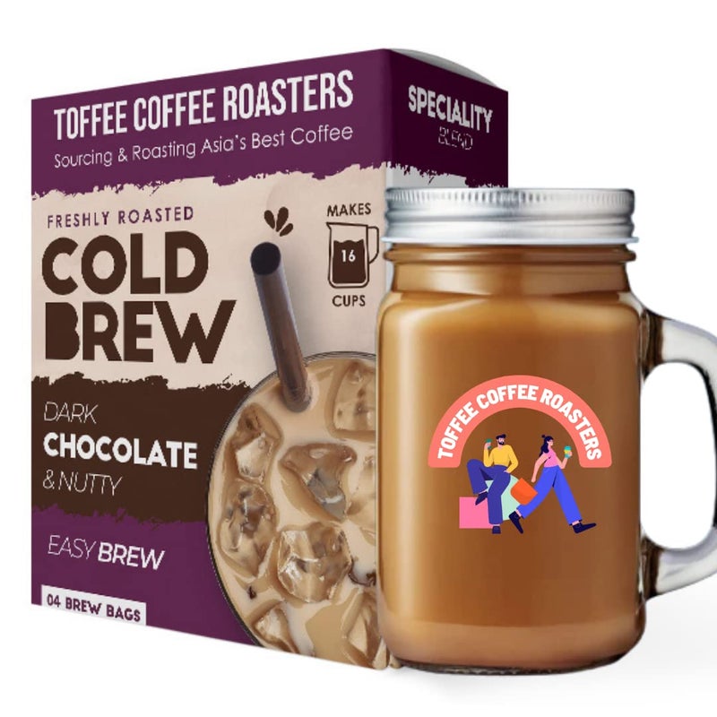 Toffee Coffee Roasters | Cold Brew Dark Chocolate and Nutty Roasted Coffee Bags| Free Mason Jar | Easy Brew Coffee | Pack of 8 Bags | 100% Arabica Grounded Coffee | Makes 32 Cups of Coffee | - Image 1