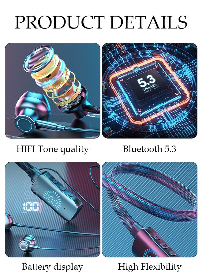 سماعات بلوتوث لاسلكية بشريط حول الرقبة مع شاشة LED للطاقة، سماعات رياضية مقاومة للعرق مع صوت ستيريو HIFI ووضع الألعاب، سماعات لاسلكية لصالة الألعاب الرياضية والجري والقيادة