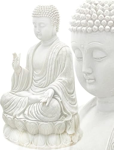 Bellaa 23279 Meditating Buddha Statue 12 inch Yoga Lotus Mudra Sitting Blessing Happy Tibetan Buda Altar Sculptures Japanese Zen Garden Decor Marble Stone Resin Figurines