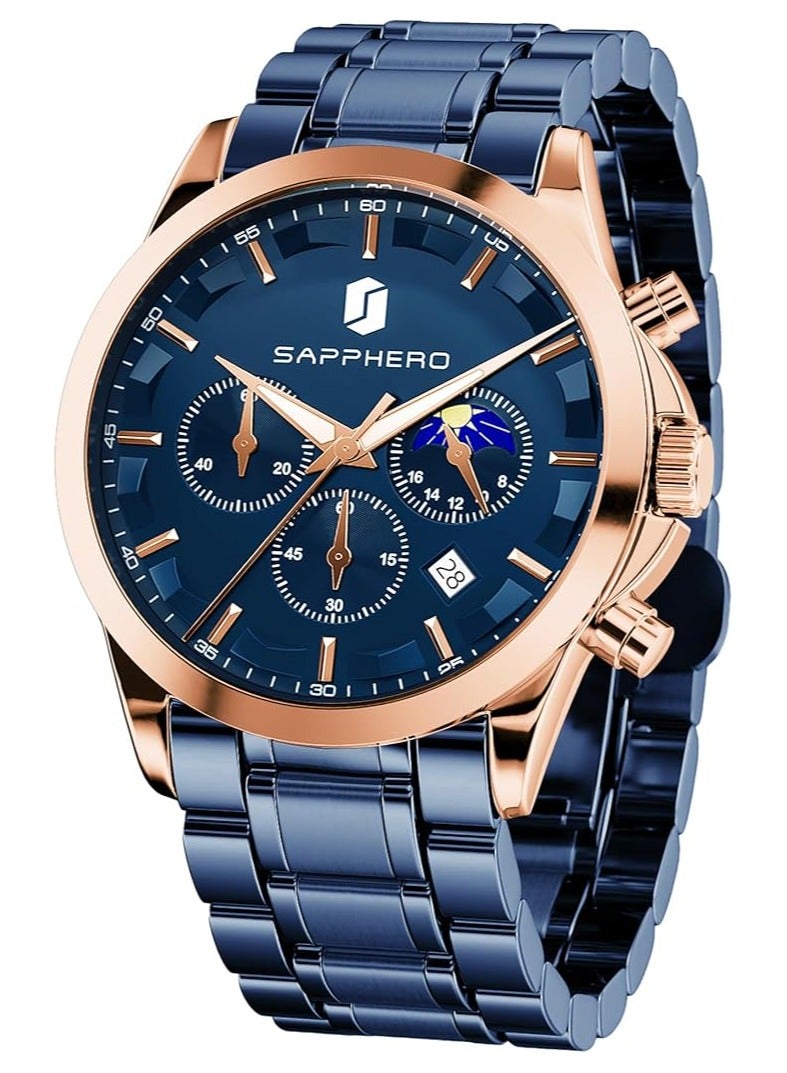 Sapphero Mens Watches Multifunction Chronograph Date Quartz Watch for Men Stainless Steel Band Wrist Watch Gift for Men Casual Business - Image 1