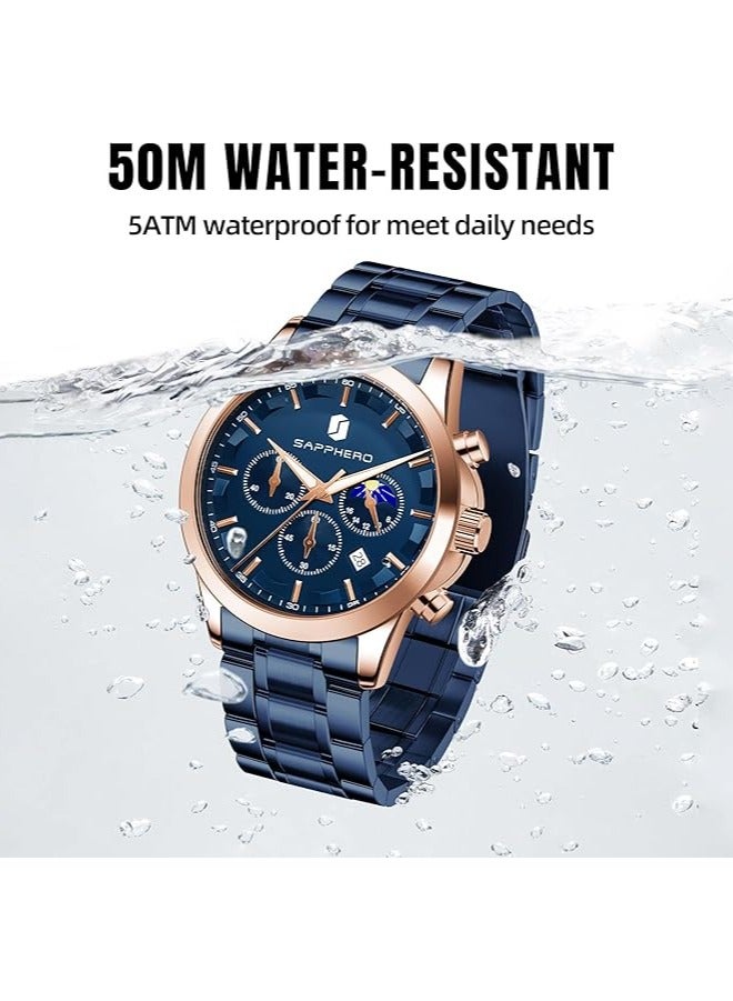 Sapphero Mens Watches Multifunction Chronograph Date Quartz Watch for Men Stainless Steel Band Wrist Watch Gift for Men Casual Business - Image 5