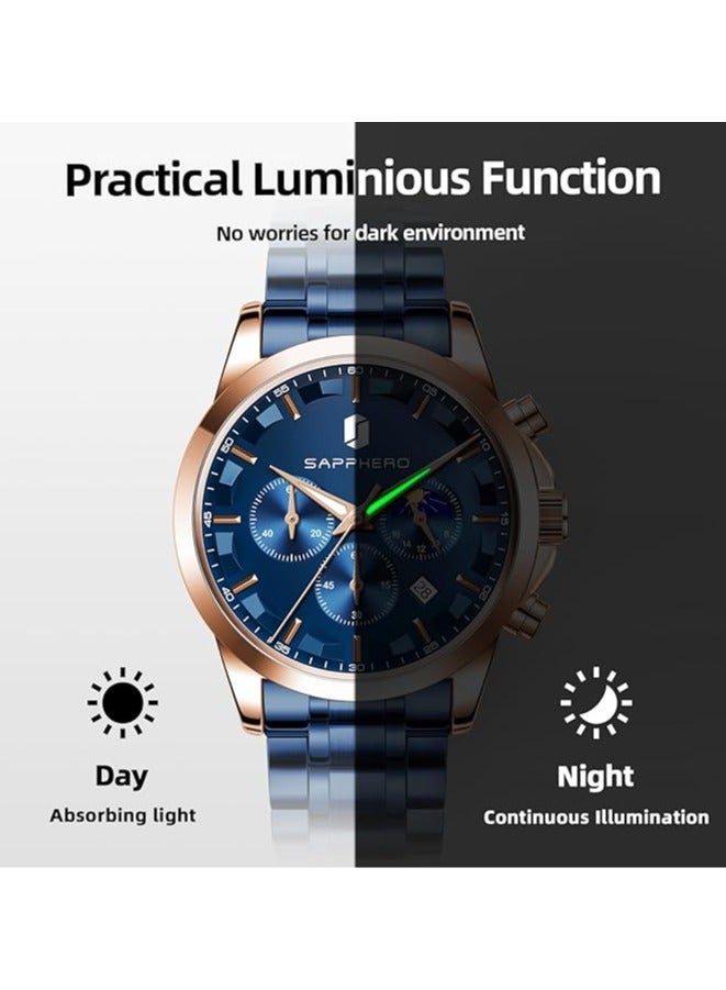 Sapphero Mens Watches Multifunction Chronograph Date Quartz Watch for Men Stainless Steel Band Wrist Watch Gift for Men Casual Business - Image 4