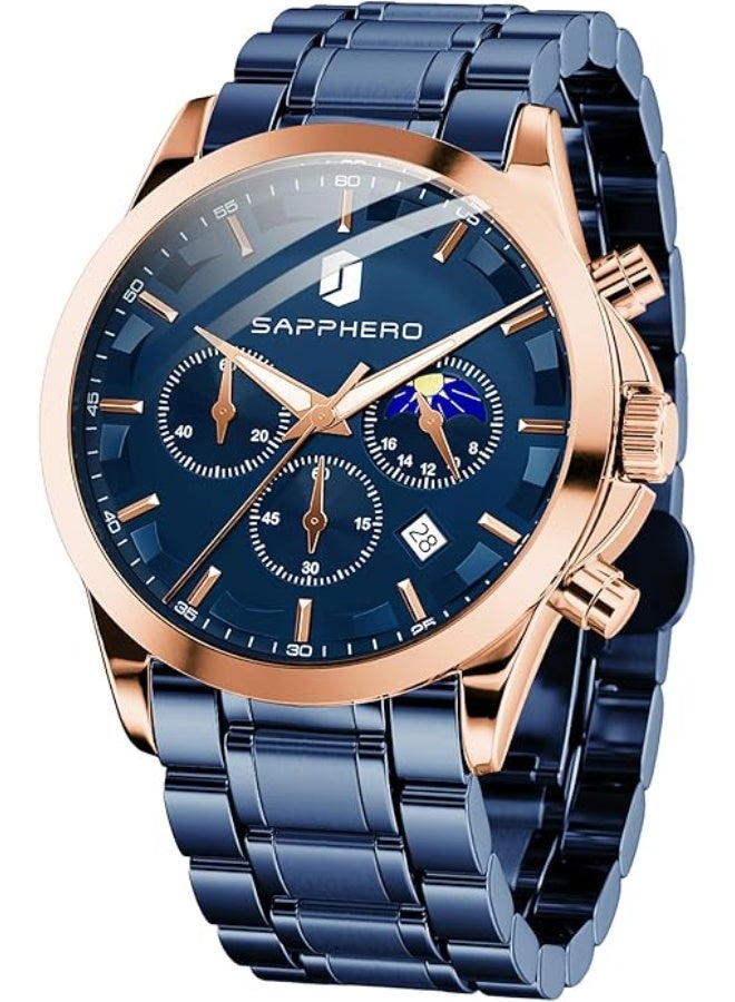 Sapphero Mens Watches Multifunction Chronograph Date Quartz Watch for Men Stainless Steel Band Wrist Watch Gift for Men Casual Business - Image 1