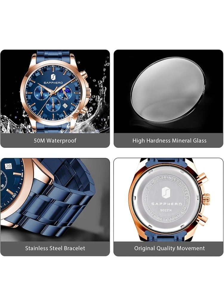 Sapphero Mens Watches Multifunction Chronograph Date Quartz Watch for Men Stainless Steel Band Wrist Watch Gift for Men Casual Business - Image 5