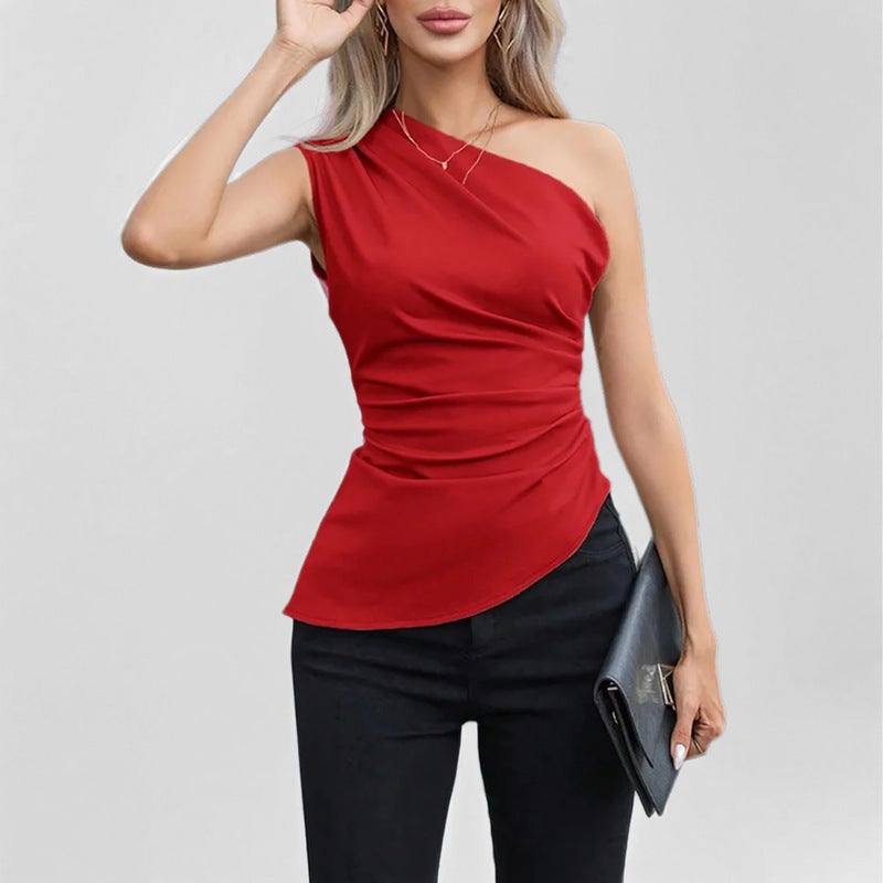 تيشيرت نسائي بدون أكمام بياقة غير متماثلة بلون سادة - Image 4