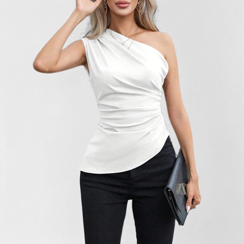 تيشيرت نسائي بدون أكمام بياقة غير متماثلة بلون سادة - Image 2