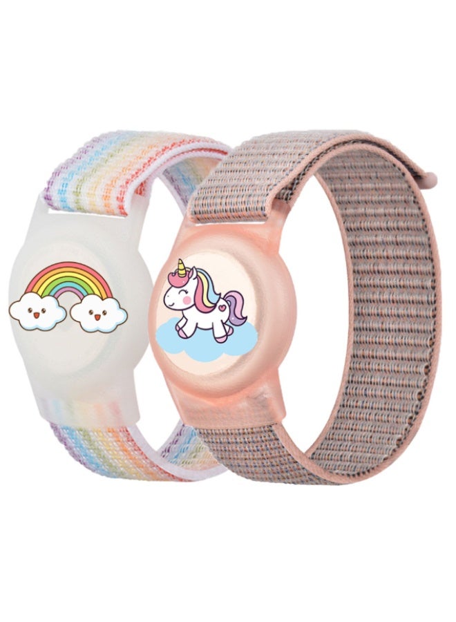 Durable Woven Airtag Wristband for Kids, 2 Pack Adjustable Nylon Strap for Apple Airtag - Secure, Comfortable & Breathable Anti-Lost Bracelet (White，Pink) - Image 1