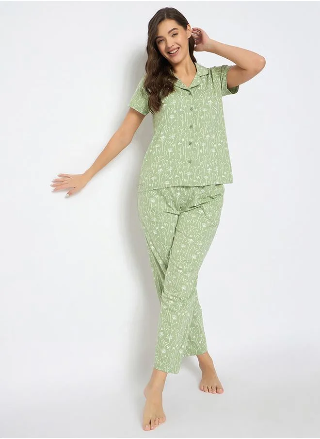 Clovia Clovia Floral Print Notch Lapel Shirt and Pyjama Set