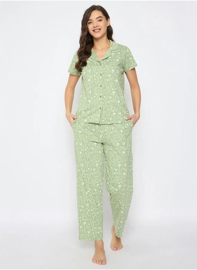 Clovia Clovia Floral Print Notch Lapel Shirt and Pyjama Set