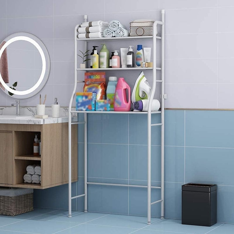 Metal Over Toilet Holder with 3 Shelves, Over The Toilet and Bathroom Corner Storage Rack, Space-Saving Multipurpose Durable Ideal for Towels, Shampoo Bottles, Soap, Brushes (White) - Image 2