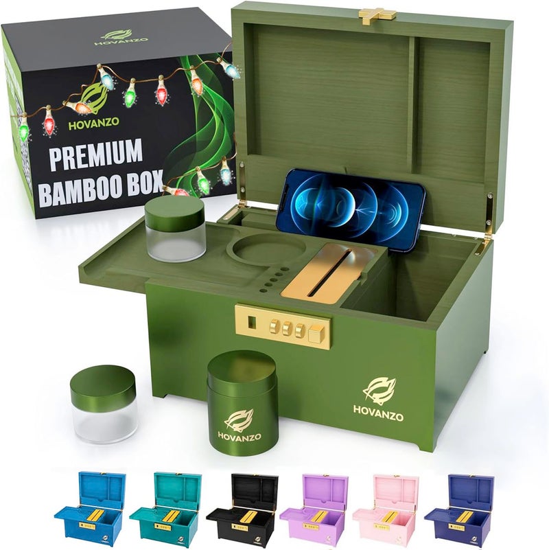 HOVANZO Upgraded Premium Large Bamboo Box Locking Storage Decorative Box with Combination Lock Wood Kit with lid Wooden Locking Storage with Removable Tray and Jars