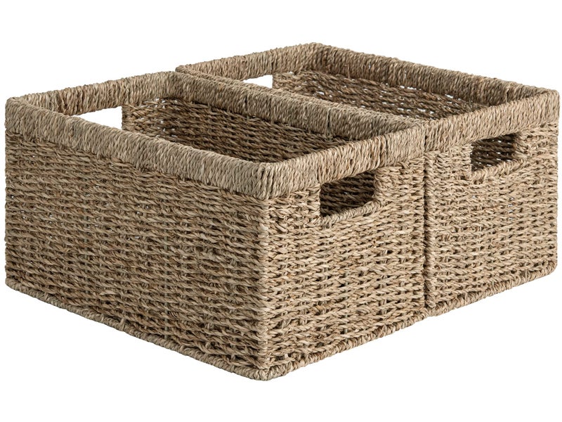 StorageWorks Wicker Storage Basket for Organizing Medium Seagrass Storage Baskets with Builtin Handles for Pantry Shelves2Pack