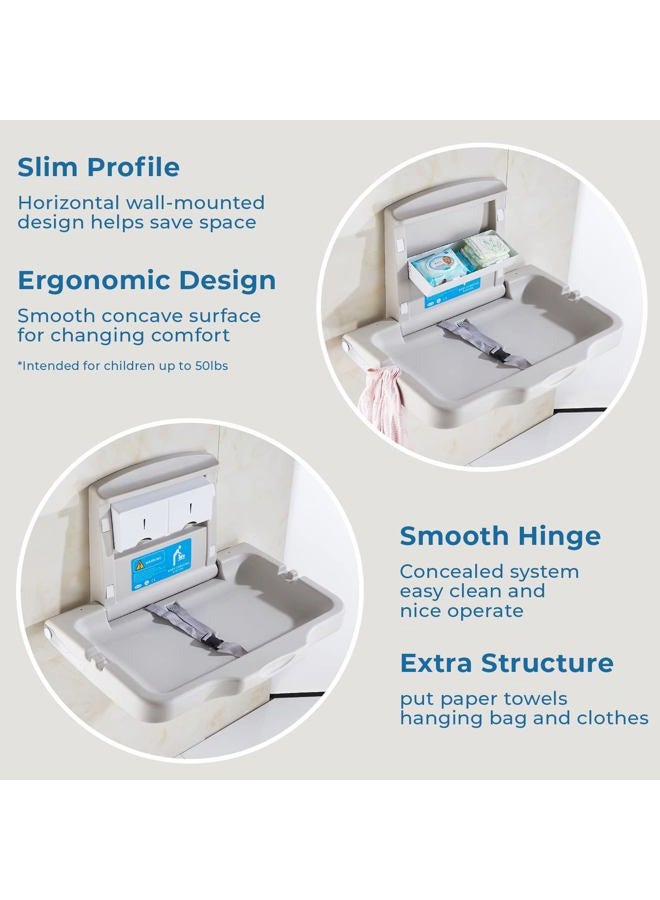 KSITEX Baby Changing Station Wall Mounted Baby Changing Table Foldable Diaper Changing Unit Commercial Restrooms Horizontal HDPE Meterial with Safrty Strap White Gray - Image 2