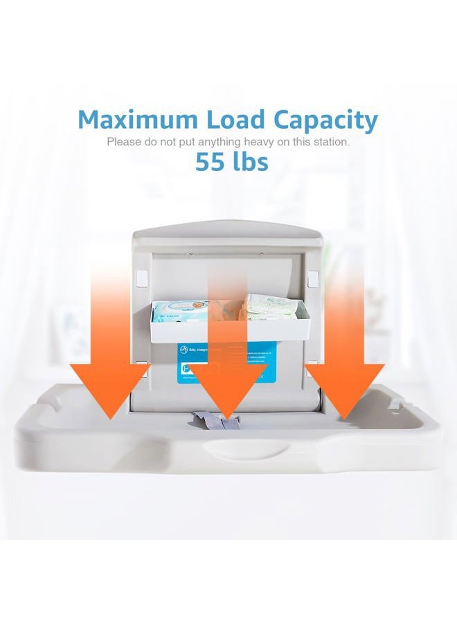 KSITEX Baby Changing Station Wall Mounted Baby Changing Table Foldable Diaper Changing Unit Commercial Restrooms Horizontal HDPE Meterial with Safrty Strap White Gray - Image 5
